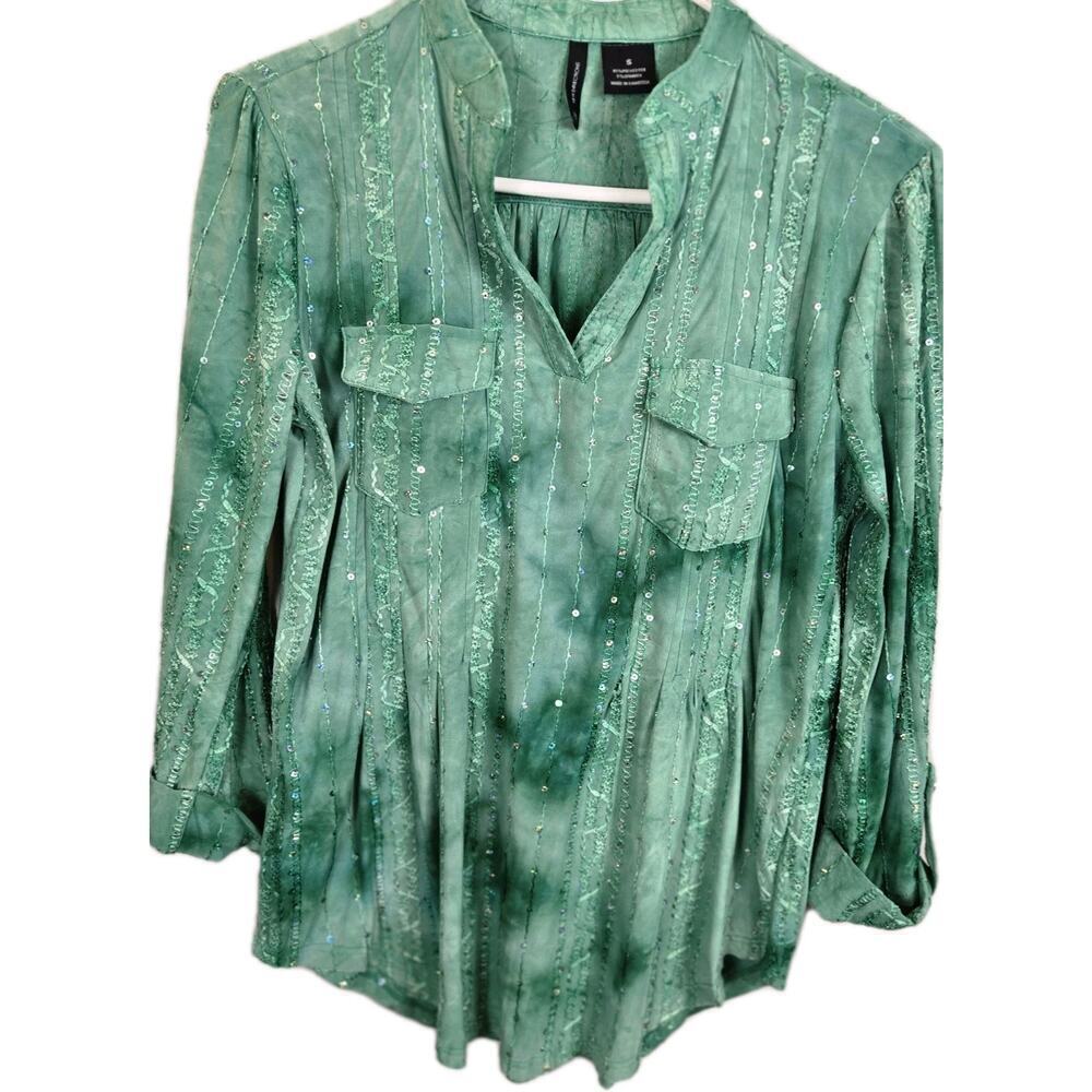 New Directions Tunic Green Tie Dye Multicolor Sequin Accents SMALL Hippie Boho